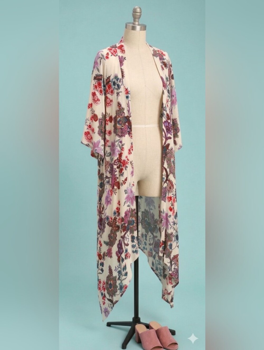 Boho Artsy Kimono Gauze High Low Floral Open Duster Cruise Resort Beach Coverup